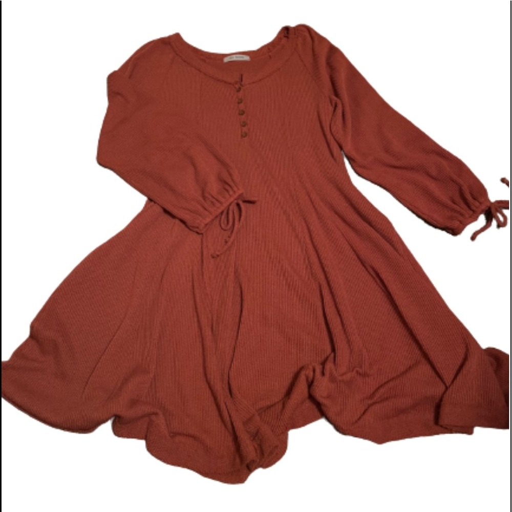 Long Sleeve Rust Orange Waffle Knitted Dress